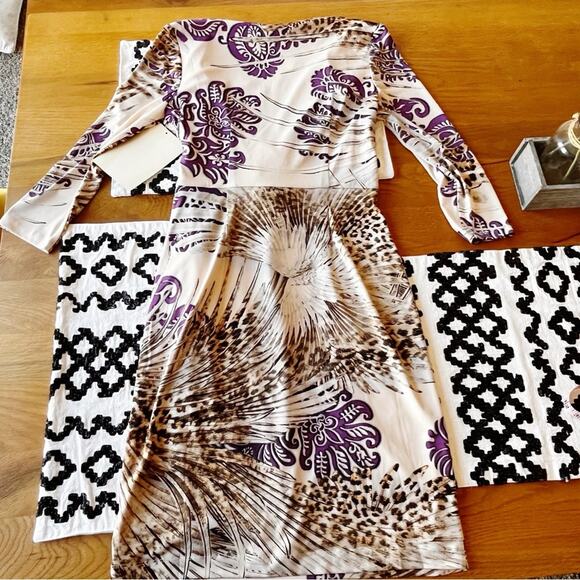 NEW Boston Proper Purple Cream Faux Wrap Dress 3/4 sleeves womens size 6 - Picture 6 of 11